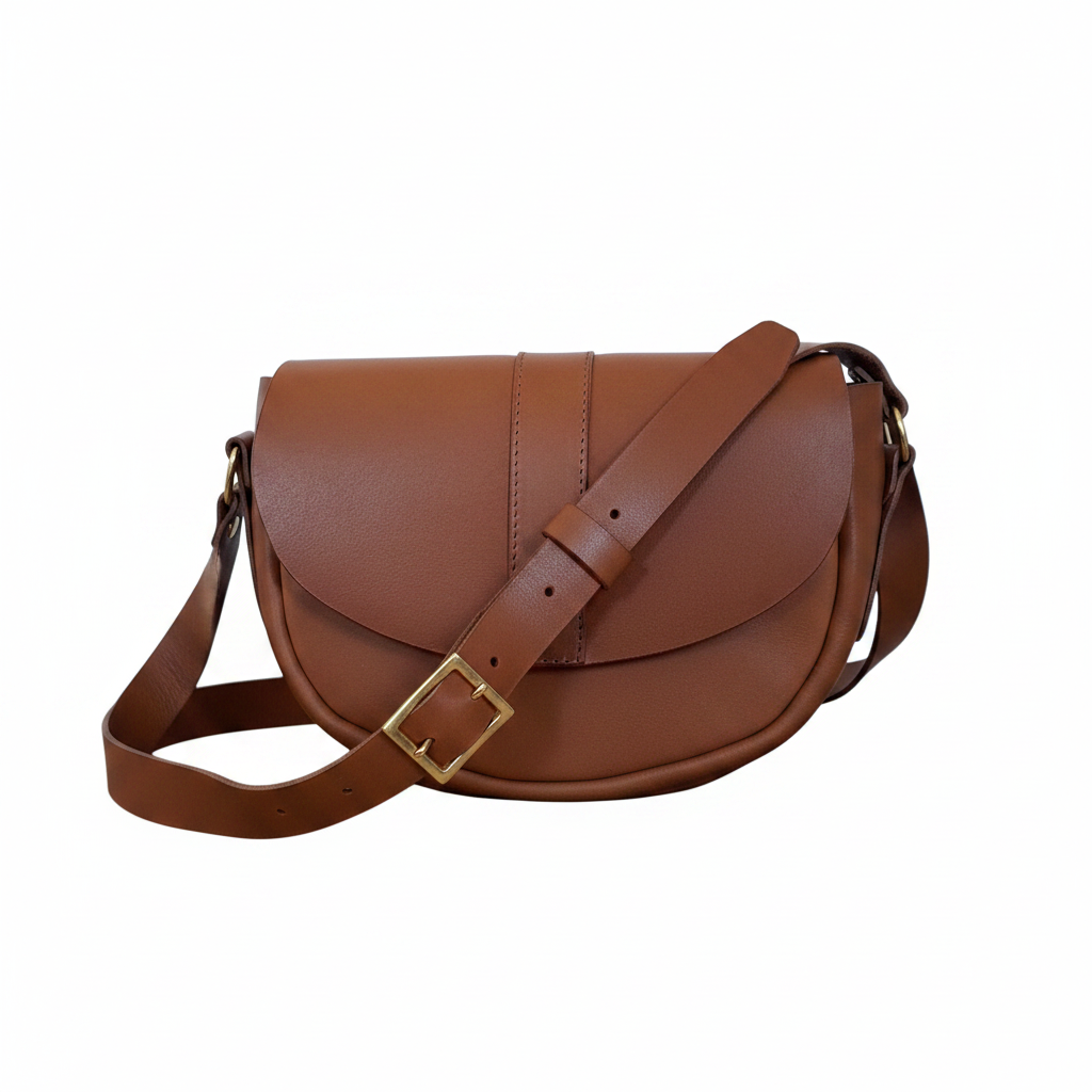 Sac marron à bandoulière Monsieur J sur fond blanc, focus produit