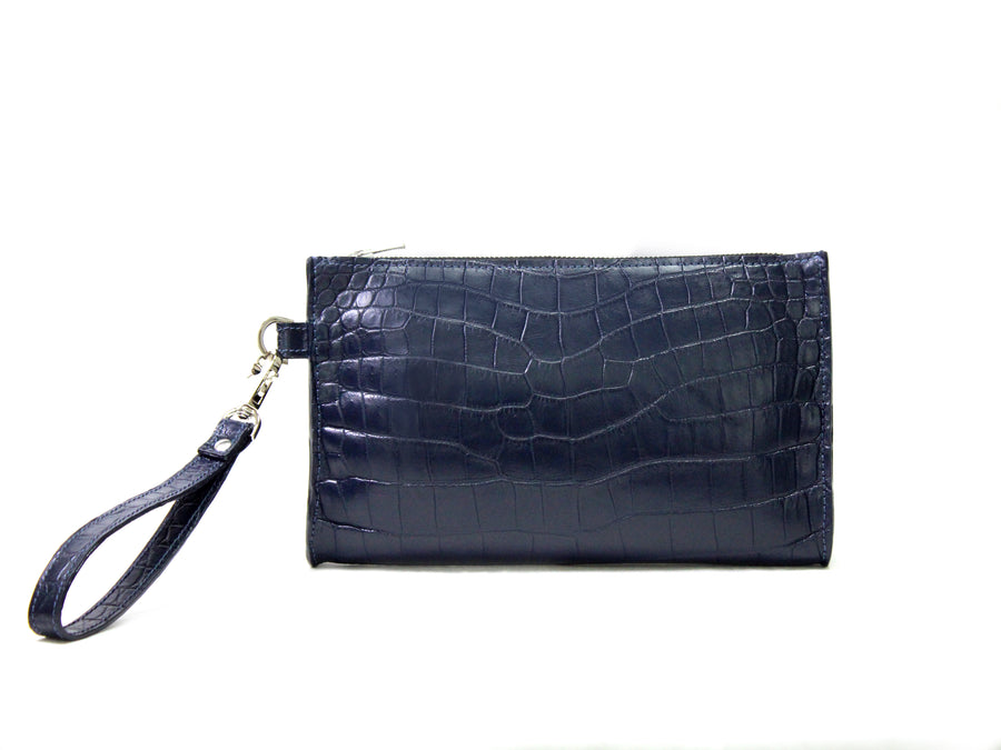 Pochette Alligator vu de face, cuir d'alligator bleu avec détails argenté - Monsieur J