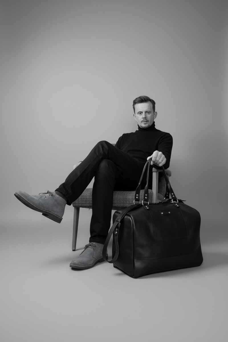 Monsieur Jerôme Poirier avec un sac en cuir de Monsieur J